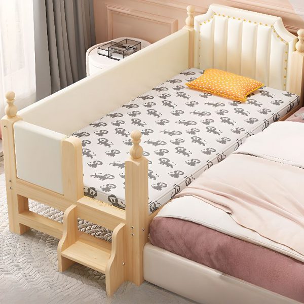 "Platform Natural Wood Sponge Standard Kids Bed in Natural Wood Finish with Panel, Ladder and Surrounding Guardrail"
