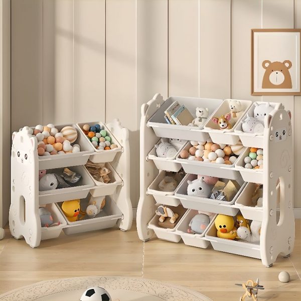 "Beige Standard Kids Bookshelf with Animal Theme, 4/3/7 Shelves, Horizontal/Vertical Orientation, Closed Back, Polymerized Material, Scratch-shielded"