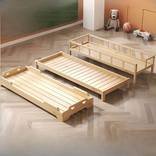 "Natural Color Contemporary Lumber Standard Kids Bed with Guardrail for Gender Neutral"