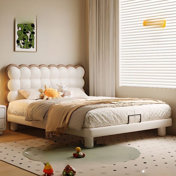 "Minimalist Style Pine Wood Standard Children Bed in Chalky Wood with Panel Headboard, Sponge Upholstery & Gender Neutral Design"