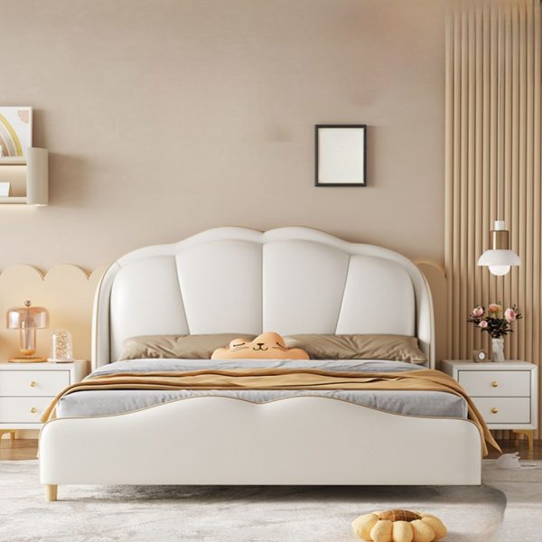 "Casual White Lumber Standard Children Bed with Vinyl Leather Upholstery, Panel Headboard, Underbed Storage & Gender Neutral"