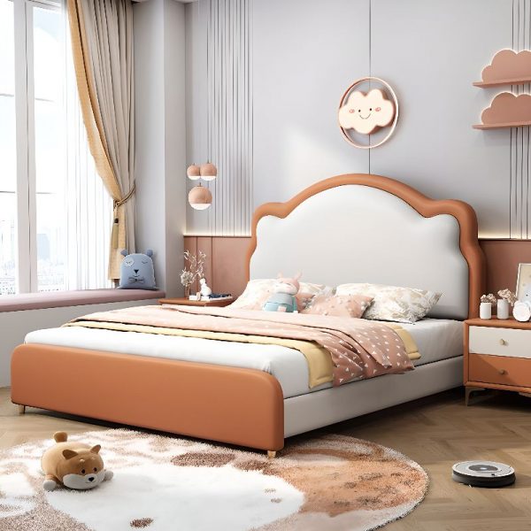"Trendy Animals Lumber Genuine Leather Standard Children Bed in Citrus Color with Headboard and Latex"
