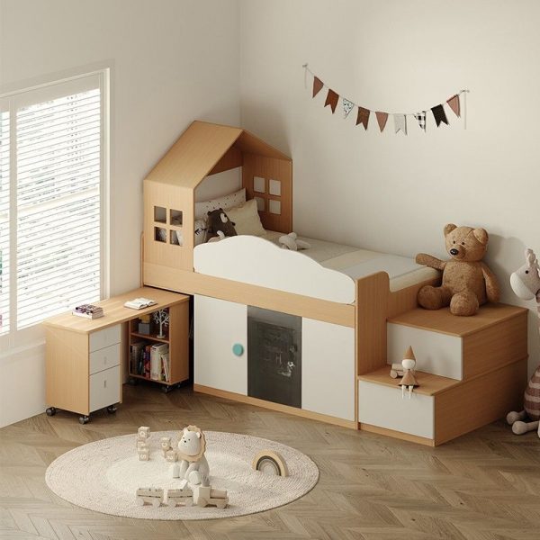 "Dollhouse Composite Wood Loft Standard Kids Bed in Natural Finish with 2 Cabinets/4 Cabinets"