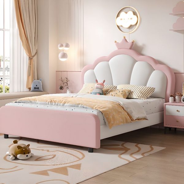 "Girl/ Woman+ Princess Wood Genuine Leather Standard Children Bed in Magenta with Headboard and Latex"