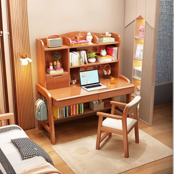 "Kids Computer Desk, Height-adjustable, Rubberwood in Chalk/Rose/Light Blue, with Storage, 3 Shelves, Drawer, and Hutch"