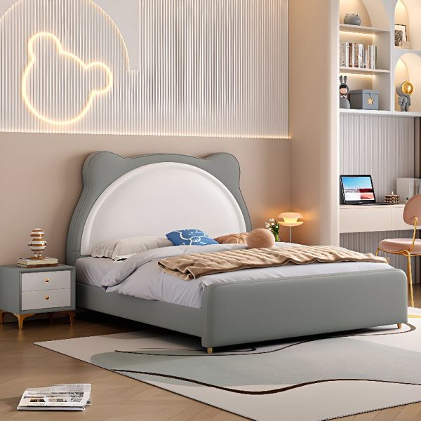 "Trendy Timber Standard Children Bed with Genuine Leather Headboard, Gender Neutral"