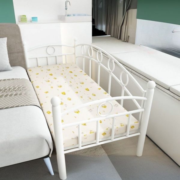"Chic White Trendy Metal Standard Children Bed with Cotton Upholstery and Coir Mattress, Gender Neutral with Guardrail"