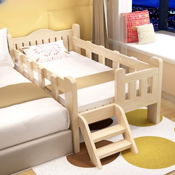 "Trendy Wood Color Timber Standard Children Bed with Coir Mattress, Ladder & Guardrail for Gender Neutral"