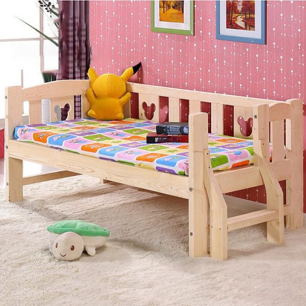 "Timber Platform Standard Children Bed with Animals Theme, Sand Wood Tone, Coir Fill, Ladder, and Surrounding Guardrail"