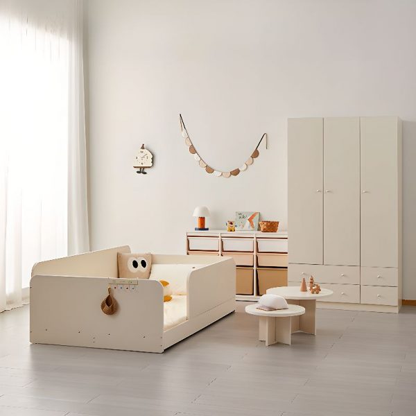 "Sleek White Contemporary Lumber Platform Standard Children Bed with Guardrail for Gender Neutrality"
