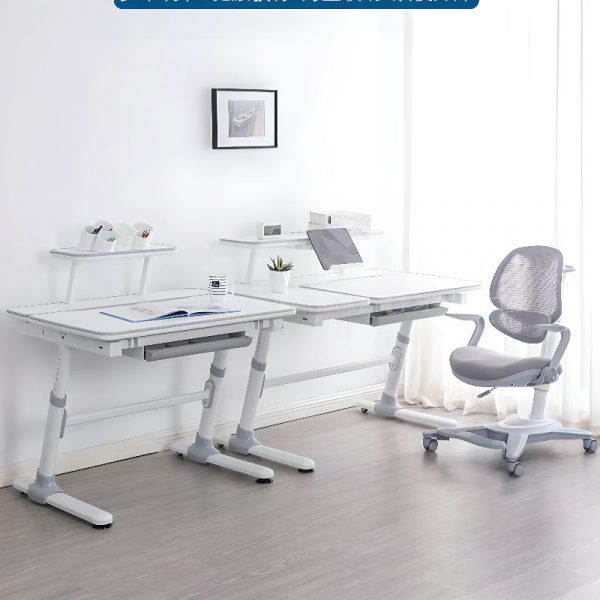 "Adjustable Children's Desk, Height-adjustable, Wood, Chalk Color, with Storage, Shelf, and 1 Drawer"