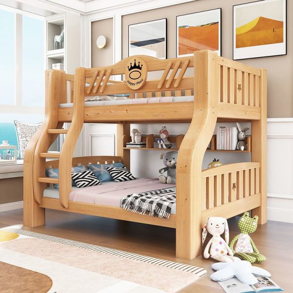 "Natural Color Children Bunk Bed with 2 Drawers, Underbed Storage, Bookcase, Ladder, & Guardrail, Supports Multiple Mattress Sizes"