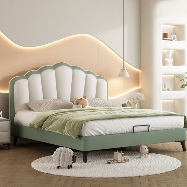 "Olive Green Trendy Timber Standard Children Bed with Artificial Leather Headboard for Gender Neutral"