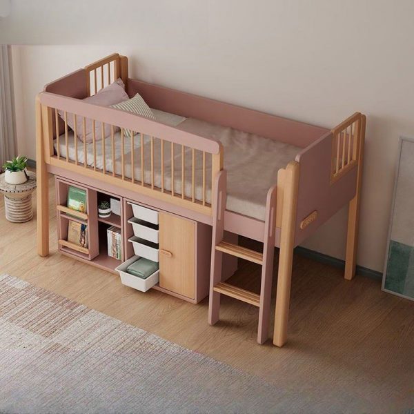 "Brown Timber Standard Children Bed with Sponge Mattress, Bookcase, Ladder, Guardrail, and Underbed Storage"