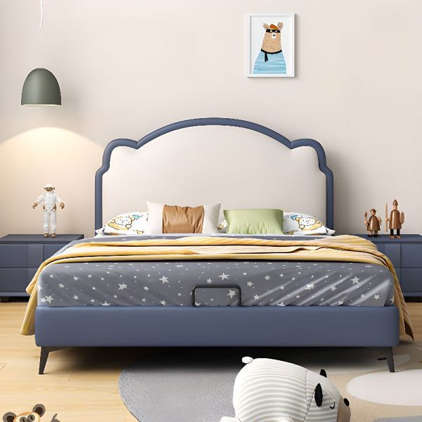 "Art Deco Azure Wood Gender Neutral Standard Kids Bed with Pleather Panel"