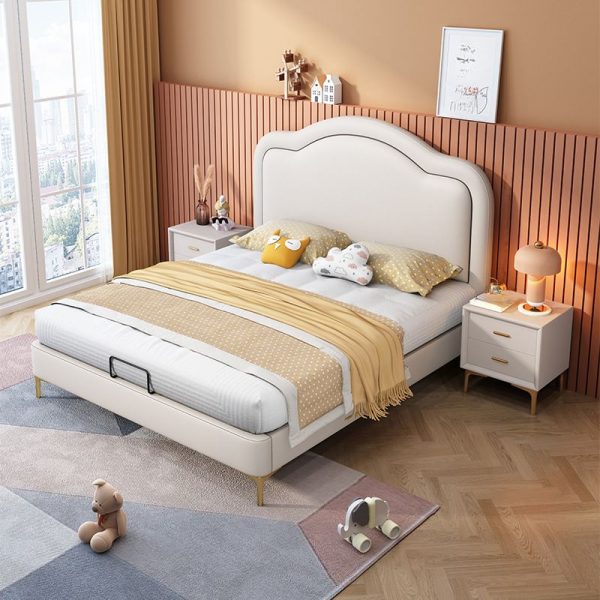 "Trendy Upholstered Platform Standard Children Bed with Artificial Leather Headboard, Gender Neutral"