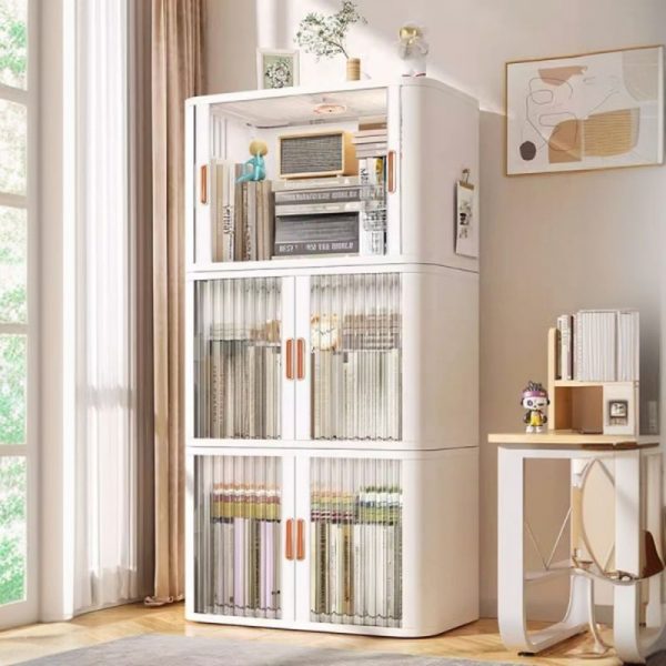 "Simplistic Standard Children's Bookshelf with Pop Up Feature, 3 Shelves/2 Shelves, Vertical Orientation, Synthetic Material, 6 Doors/4 Doors, Standalone Installation"