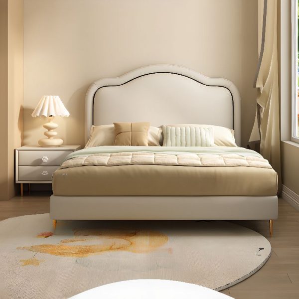 "Trendy Cream Timber Standard Children Bed with Genuine Leather Upholstery, Coir Mattress & Headboard, Gender Neutral"