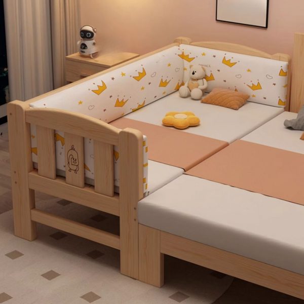 "Elegant Art Deco Natural Finish Wood Standard Kids Bed with Coir Mattress, Gender Neutral, Stairs & Guardrail"
