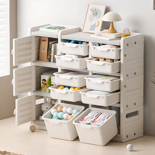 "Simplistic Standard Children's Bookshelf with 4/3 Shelves, Horizontal/Vertical Orientation, Synthetic Shelf, 4/2 Doors, Scratch-repellent"