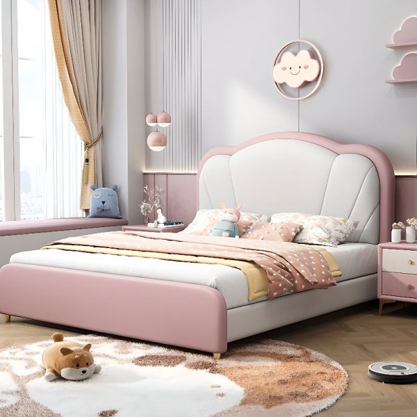 "Rose Pink Simplistic Timber Standard Kids Bed featuring Animals Theme, Genuine Leather with Coir Mattress & Headboard"