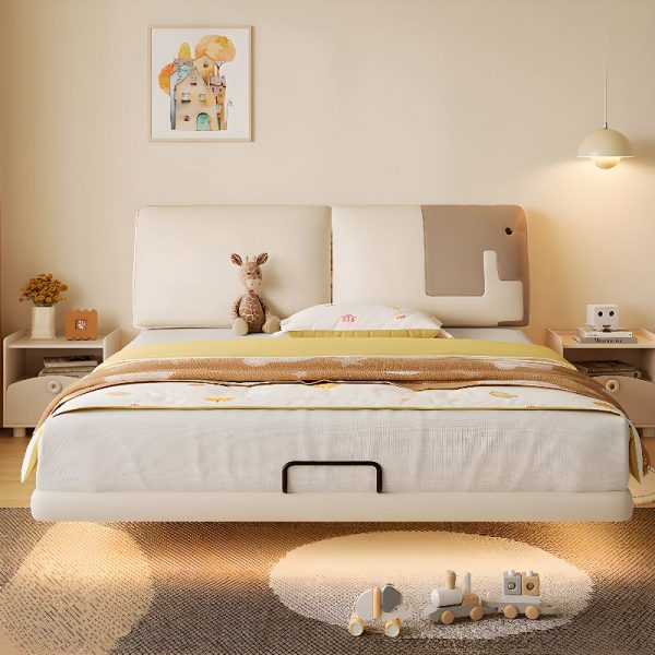 "White Contemporary Pine Lift Up Storage Children Bed with Sponge Panel Headboard Underbed Storage Gender Neutral"