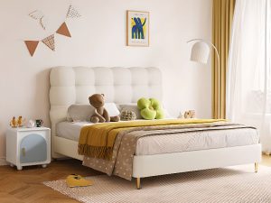 "Art Deco Platform Standard Children Bed in Natural Wood with Chalky Tone, Tuft Headboard, Sponge Fill, Gender Neutral"