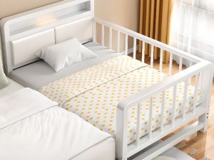"Modern Alloy Gender Neutral Pu Leather Standard Children Bed with Headboard, Detachable Guardrails"