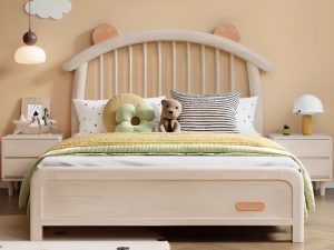 "Cream Minimalist Standard Children Bed with Animals Theme, Natural Wood, Headboard for Gender Neutral"