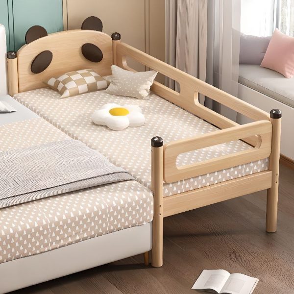 "Minimalist Wood Standard Children Bed Animals Theme Gender Neutral Natural Color with Guardrail"