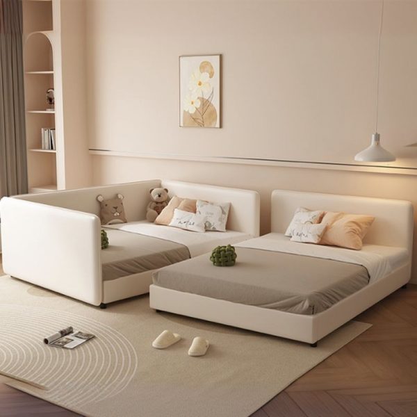 "Cream Modish Upholstered Panel Standard Children Bed with Pu Leather, Gender Neutral, Guardrail Included"