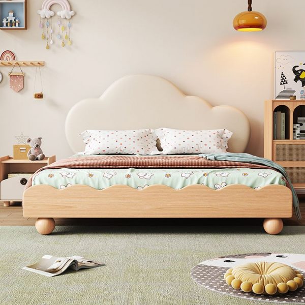 "Unfinished Color Modish Pine Wood Standard Kids Bed with Pleather Upholstery and Headboard, Gender Neutral"