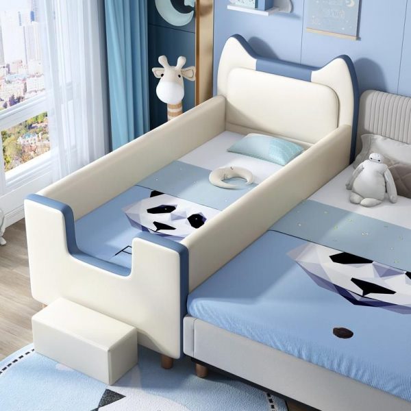 "Cream Pleather Upholstered Standard Kids Bed with Animals Theme, Guardrail, Ladder & Headboard"