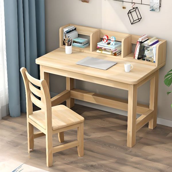 "Rainproof Natural Wood Finish Kids Computer Desk with Wood Top, 1 Shelf, and Hutch"