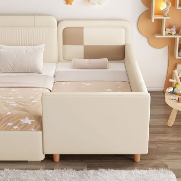 "Cream Modish Wood Standard Kids Bed with Pu Leather Upholstery, Coir Mattress, Gender Neutral, Guardrail Included"