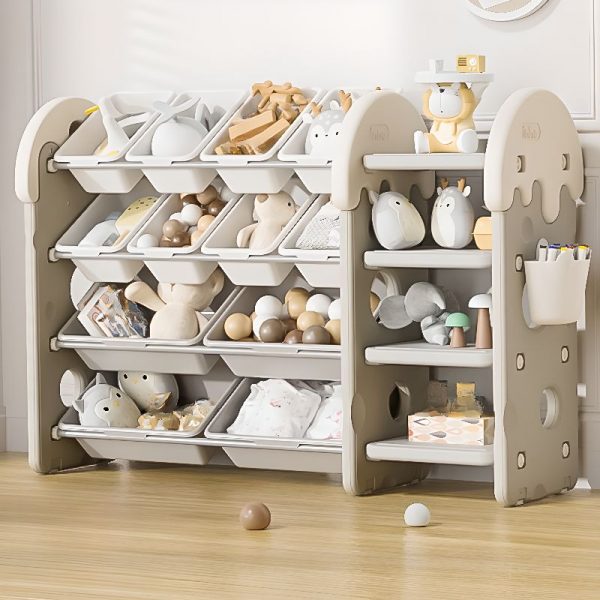 "Light Gray Simplistic Polymer Kids Toy Organizer, Adaptable Horizontal/Vertical Orientation, Closed Back, Standalone"