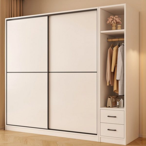 "Light-toned Wood Lumber Kids Wardrobe with 2 Drawers, 4 Shelves, Clothing Rod, and 2/3 Doors"