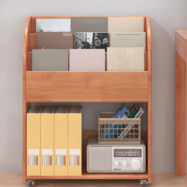 "Simplistic Kids Bookshelf Display Rack with Swivel Wheels, 4 Shelves, Vertical, Closed Back, Wood Shelf, Standalone"