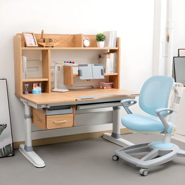"Solid Oak Top Adjustable Children's Desk with Natural Wood Finish, Height-adjustable, Storage, 4/3 Shelves, Hutch, and Metal Drawer Glides"