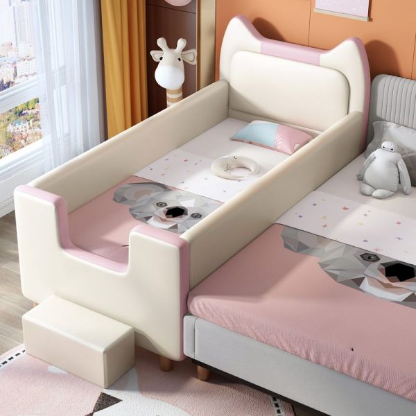 "Elegant White Upholstered Panel Standard Children Bed with Artificial Leather, Mattress & Headboard, Animal Theme"