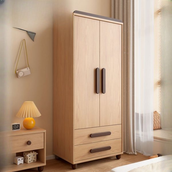 "Oak Kids Wardrobe with Natural Wood Grain Color Variation, 2 Shelves, and Clothing Rod"