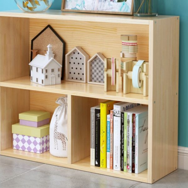 "Simplistic Standard Children's Bookshelf with 2 Horizontal Wood Shelves, Closed Back, Standalone Installation"