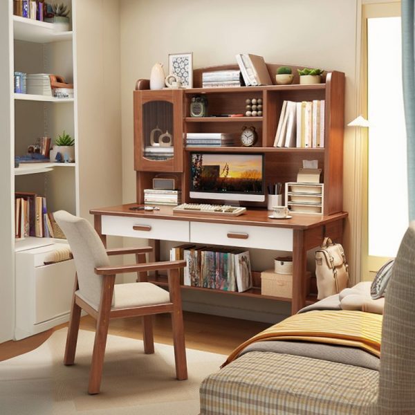 "Rubberwood Kids Computer Desk in Chalk/Brown/Unfinished with Storage, Shelf, and 2 Drawers plus 1 Cabinet"