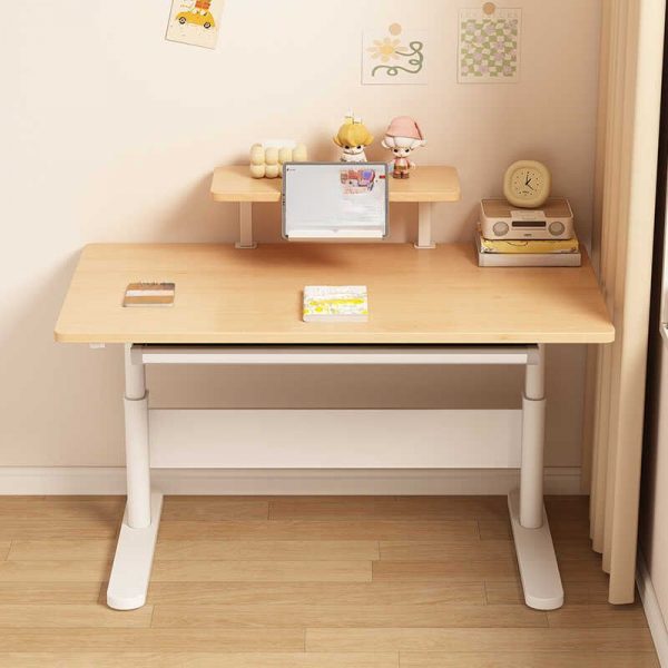 "Adjustable Beech Wood Desk with Natural Finish, Storage, Shelf, and Hutch"