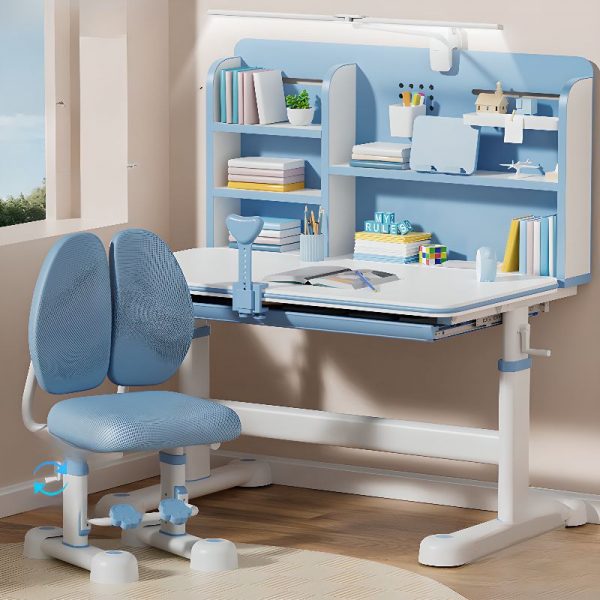 "Adaptable Height Children Computer Desk Pink/Light Blue with Chair, Repository, Shelf, Compartment and Hutch"
