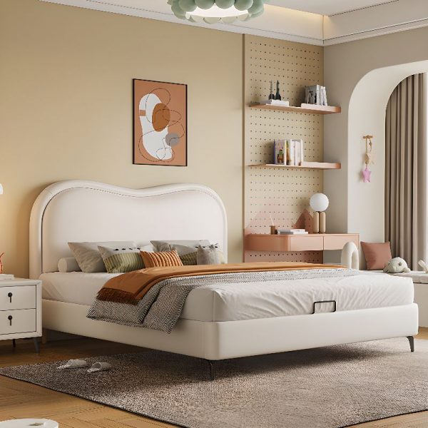 "Elegant White Wood Standard Children Bed, 3 Drawers, Genuine Leather Upholstery, Coir Mattress, Underbed Storage, with Headboard"