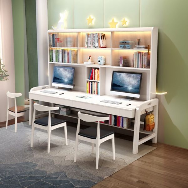 "Height-adjustable Kids Computer Desk in Chalk/Rose/Azure, Wood with Storage, Shelf, 2 Drawers, and 2 Cabinets"