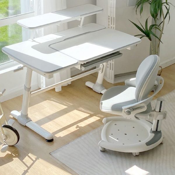 "Height-adjustable Chalk Wood Kids Computer Desk with Rainproof Storage, Shelf, and Drawer"