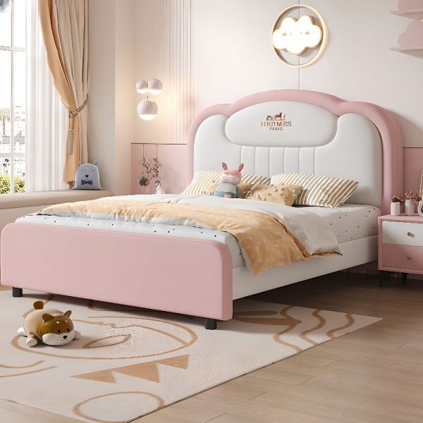 "Contemporary Gender Neutral Upholstered Standard Kids Bed in Magenta with Vinyl Leather and Headboard"