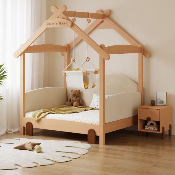 "Trendy Wood Natural Finish Gender Neutral Standard Kids Bed with Guardrail"